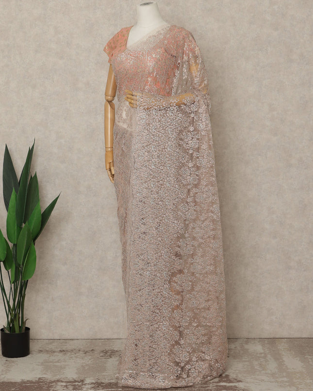 Blush Pink Premium French Metallic Chantilly Lace Saree, 5.5 Mtrs Length, 110 Cms Width, Crafted in France-Blouse Not Included-D26688