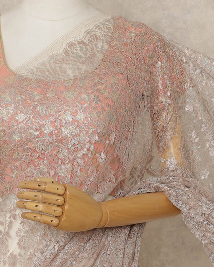 Blush Pink Premium French Metallic Chantilly Lace Saree, 5.5 Mtrs Length, 110 Cms Width, Crafted in France-Blouse Not Included-D26688