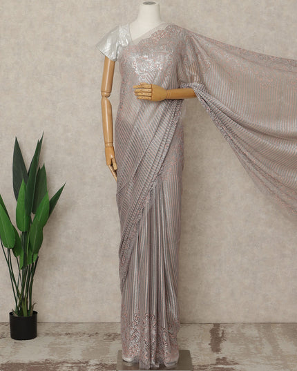 Silver Rose Premium French Metallic Chantilly Lace Saree, 5.5 Mtrs Length, 110 Cms Width, Crafted in France-Blouse Not Included-D26694