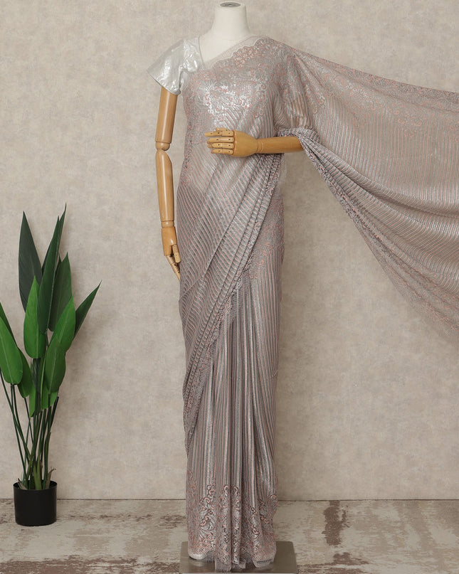 Silver Rose Premium French Metallic Chantilly Lace Saree, 5.5 Mtrs Length, 110 Cms Width, Crafted in France-Blouse Not Included-D26694
