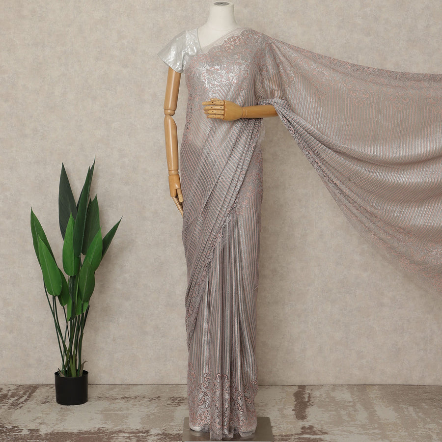 Silver Rose Premium French Metallic Chantilly Lace Saree, 5.5 Mtrs Length, 110 Cms Width, Crafted in France-Blouse Not Included-D26694