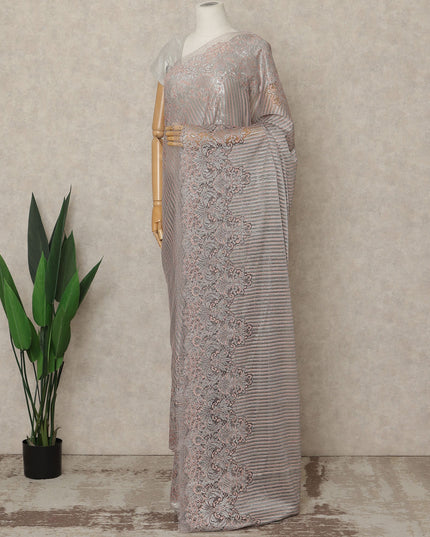 Silver Rose Premium French Metallic Chantilly Lace Saree, 5.5 Mtrs Length, 110 Cms Width, Crafted in France-Blouse Not Included-D26694