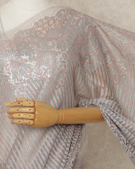 Silver Rose Premium French Metallic Chantilly Lace Saree, 5.5 Mtrs Length, 110 Cms Width, Crafted in France-Blouse Not Included-D26694