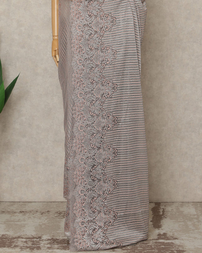 Silver Rose Premium French Metallic Chantilly Lace Saree, 5.5 Mtrs Length, 110 Cms Width, Crafted in France-Blouse Not Included-D26694