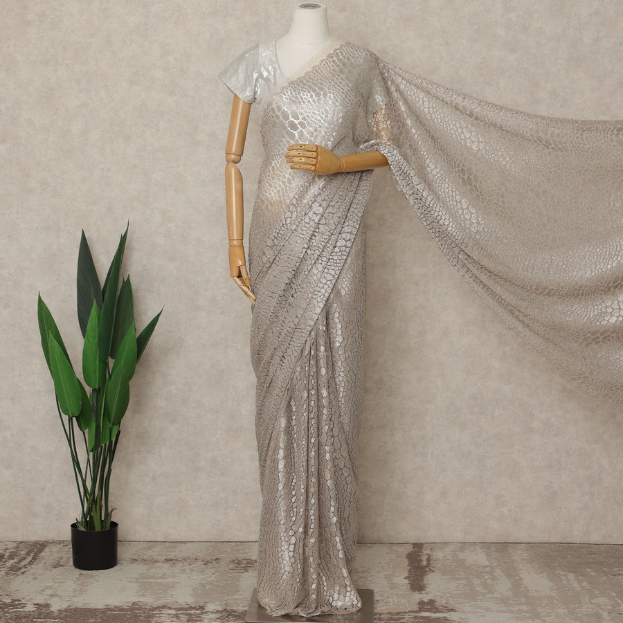 Champagne Peach Premium French Metallic Chantilly Lace Saree, 5.5 Mtrs Length, 110 Cms Width, Crafted in France-Blouse Not Included-D26686