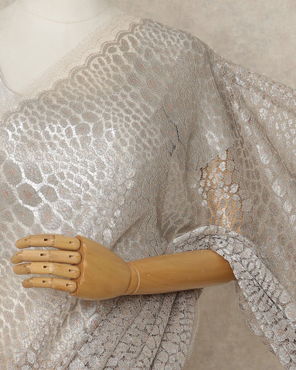 Champagne Peach Premium French Metallic Chantilly Lace Saree, 5.5 Mtrs Length, 110 Cms Width, Crafted in France-Blouse Not Included-D26686