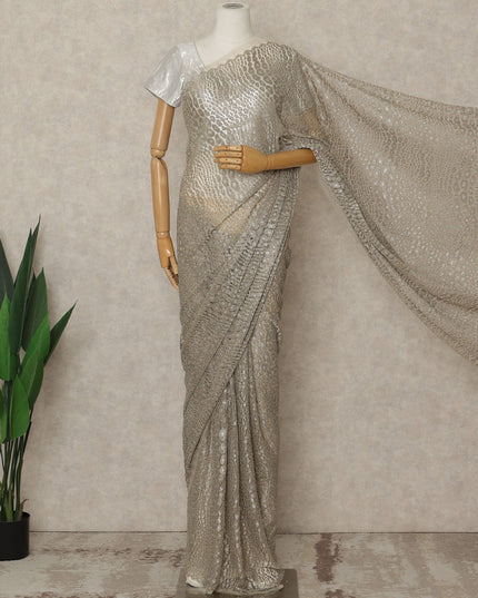 Champagne Silver Premium French Metallic Chantilly Lace Saree, 5.5 Mtrs Length, 110 Cms Width, Crafted in France-Blouse Not Included-D26695