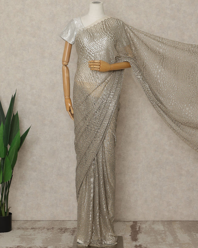 Champagne Silver Premium French Metallic Chantilly Lace Saree, 5.5 Mtrs Length, 110 Cms Width, Crafted in France-Blouse Not Included-D26695