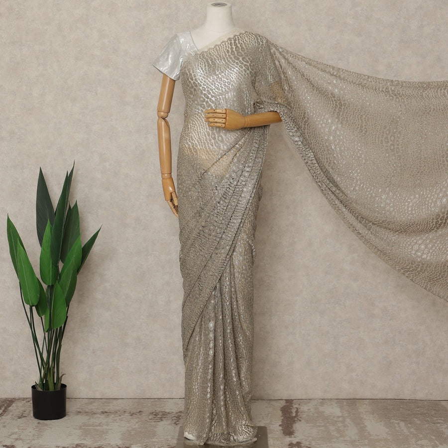 Champagne Silver Premium French Metallic Chantilly Lace Saree, 5.5 Mtrs Length, 110 Cms Width, Crafted in France-Blouse Not Included-D26695