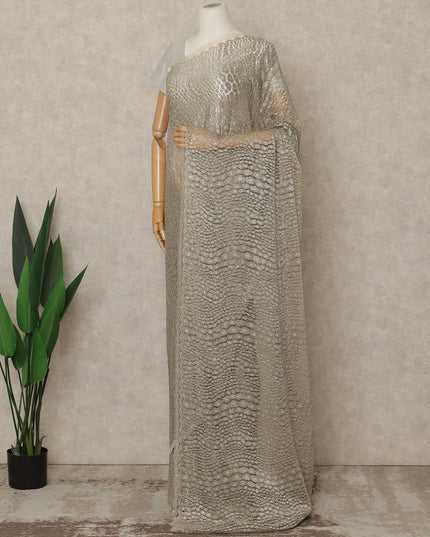 Champagne Silver Premium French Metallic Chantilly Lace Saree, 5.5 Mtrs Length, 110 Cms Width, Crafted in France-Blouse Not Included-D26695
