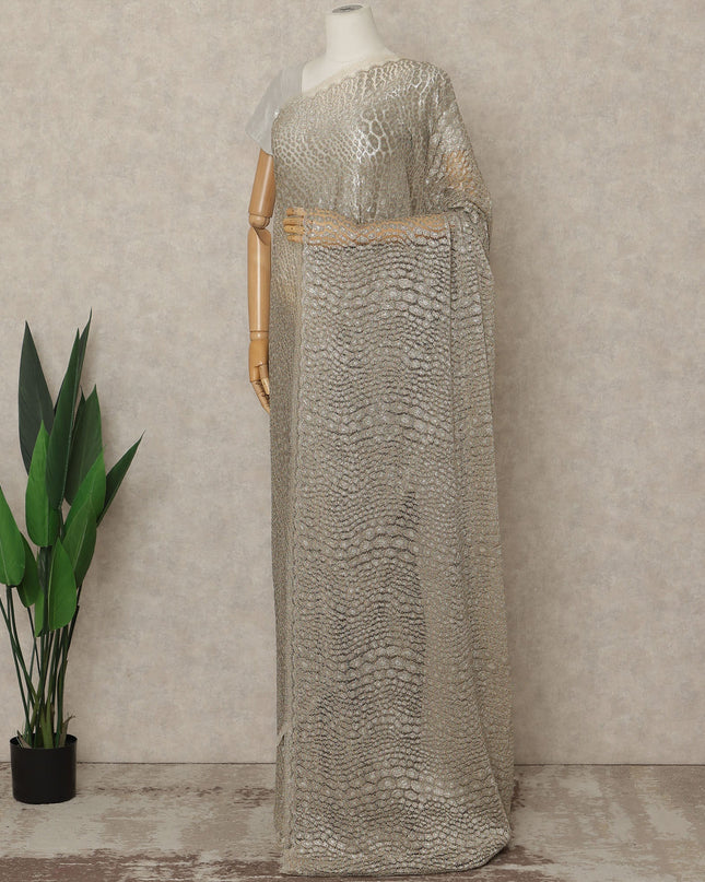 Champagne Silver Premium French Metallic Chantilly Lace Saree, 5.5 Mtrs Length, 110 Cms Width, Crafted in France-Blouse Not Included-D26695