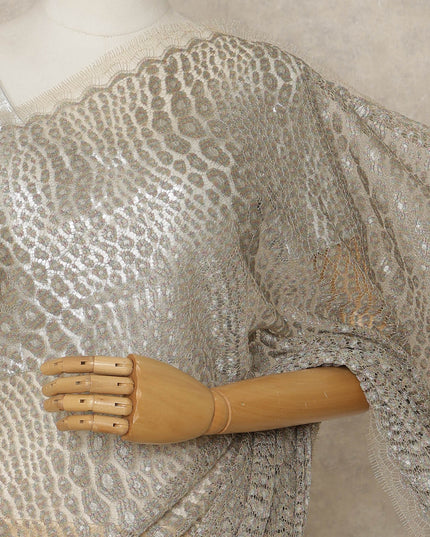 Champagne Silver Premium French Metallic Chantilly Lace Saree, 5.5 Mtrs Length, 110 Cms Width, Crafted in France-Blouse Not Included-D26695