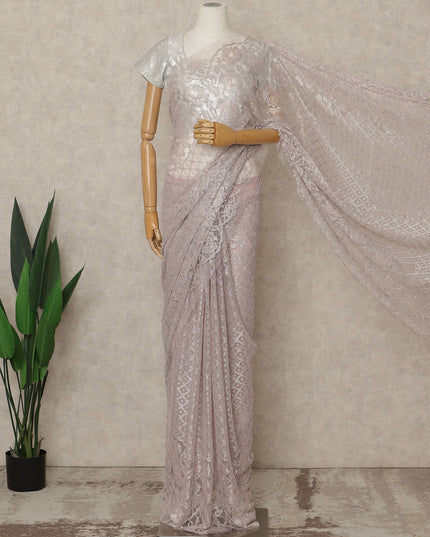 Soft Lilac Pink Premium French Metallic Chantilly Lace Saree, 5.5 Mtrs Length, 110 Cms Width, Crafted in France-Blouse Not Included-D26693