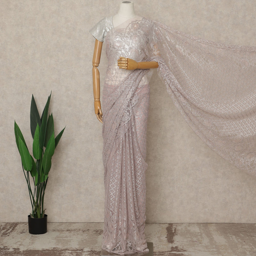 Soft Lilac Pink Premium French Metallic Chantilly Lace Saree, 5.5 Mtrs Length, 110 Cms Width, Crafted in France-Blouse Not Included-D26693