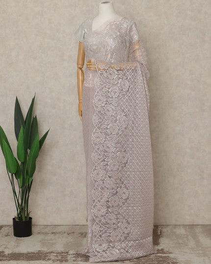 Soft Lilac Pink Premium French Metallic Chantilly Lace Saree, 5.5 Mtrs Length, 110 Cms Width, Crafted in France-Blouse Not Included-D26693