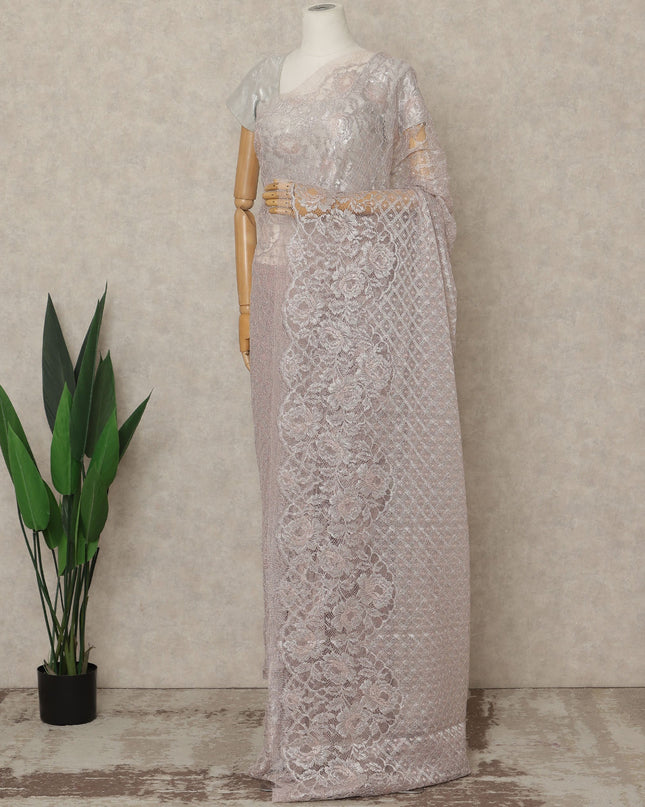 Soft Lilac Pink Premium French Metallic Chantilly Lace Saree, 5.5 Mtrs Length, 110 Cms Width, Crafted in France-Blouse Not Included-D26693
