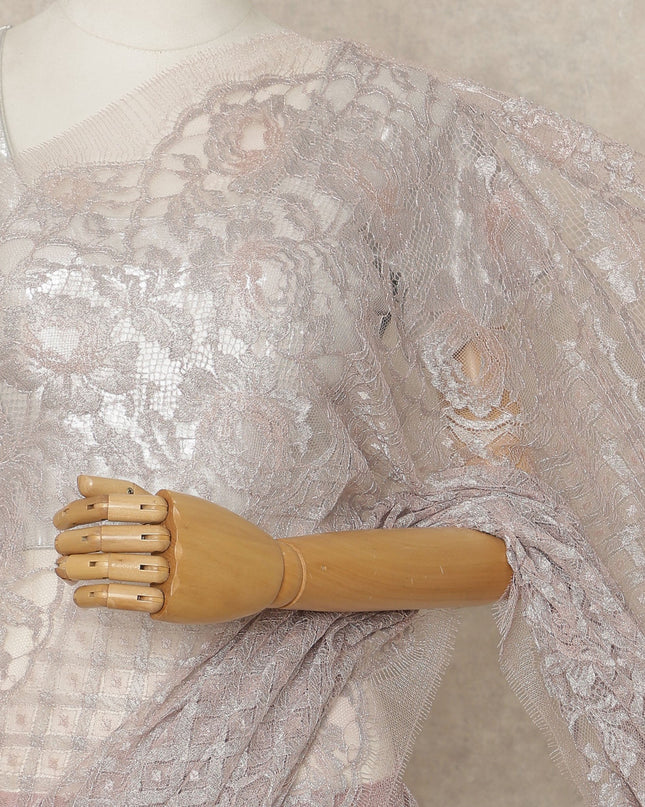 Soft Lilac Pink Premium French Metallic Chantilly Lace Saree, 5.5 Mtrs Length, 110 Cms Width, Crafted in France-Blouse Not Included-D26693