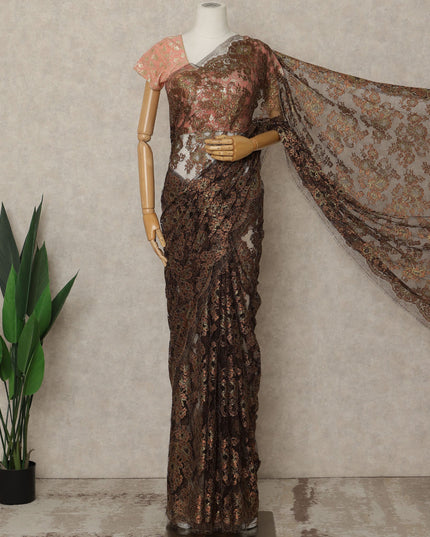 Bronze Brown Premium French Metallic Chantilly Lace Saree, 5.5 Mtrs Length, 110 Cms Width, Crafted in France-Blouse Not Included-D26692
