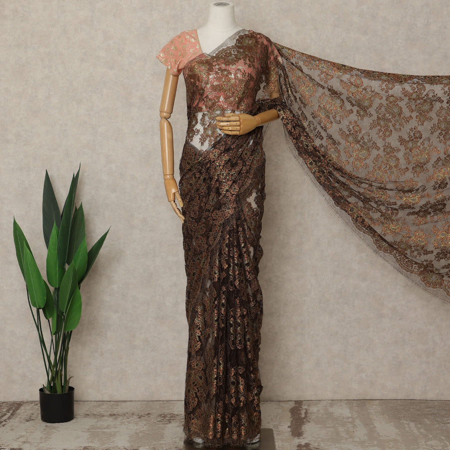 Bronze Brown Premium French Metallic Chantilly Lace Saree, 5.5 Mtrs Length, 110 Cms Width, Crafted in France-Blouse Not Included-D26692