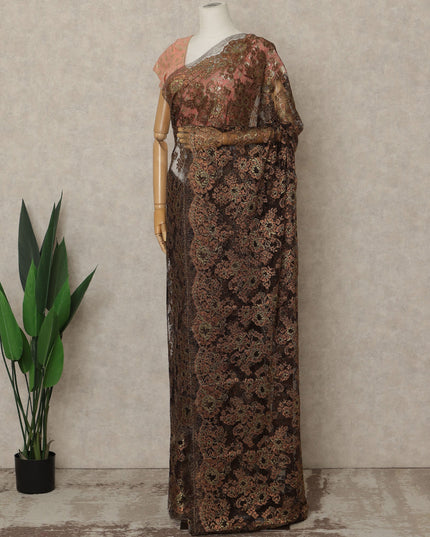 Bronze Brown Premium French Metallic Chantilly Lace Saree, 5.5 Mtrs Length, 110 Cms Width, Crafted in France-Blouse Not Included-D26692