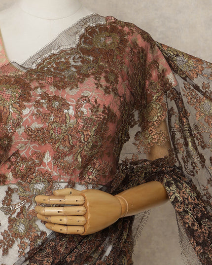 Bronze Brown Premium French Metallic Chantilly Lace Saree, 5.5 Mtrs Length, 110 Cms Width, Crafted in France-Blouse Not Included-D26692