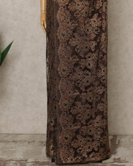 Bronze Brown Premium French Metallic Chantilly Lace Saree, 5.5 Mtrs Length, 110 Cms Width, Crafted in France-Blouse Not Included-D26692