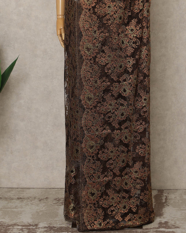 Bronze Brown Premium French Metallic Chantilly Lace Saree, 5.5 Mtrs Length, 110 Cms Width, Crafted in France-Blouse Not Included-D26692