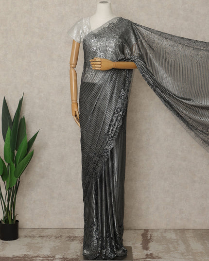 Steel Black Premium French Metallic Chantilly Lace Saree, 5.5 Mtrs Length, 110 Cms Width, Crafted in France-Blouse Not Included-D26689