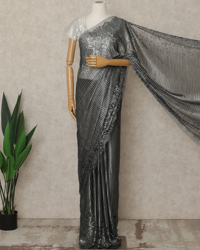 Steel Black Premium French Metallic Chantilly Lace Saree, 5.5 Mtrs Length, 110 Cms Width, Crafted in France-Blouse Not Included-D26689