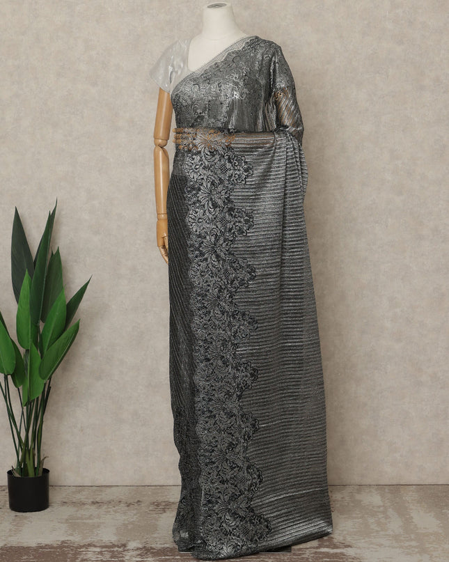 Steel Black Premium French Metallic Chantilly Lace Saree, 5.5 Mtrs Length, 110 Cms Width, Crafted in France-Blouse Not Included-D26689