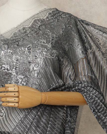 Steel Black Premium French Metallic Chantilly Lace Saree, 5.5 Mtrs Length, 110 Cms Width, Crafted in France-Blouse Not Included-D26689