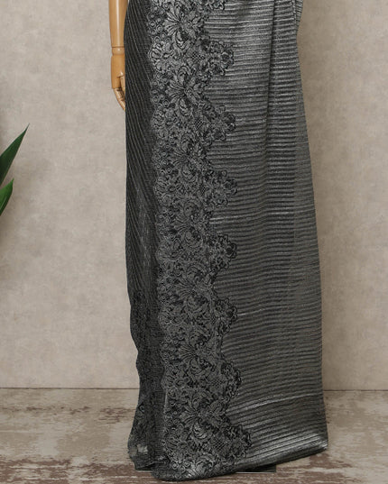 Steel Black Premium French Metallic Chantilly Lace Saree, 5.5 Mtrs Length, 110 Cms Width, Crafted in France-Blouse Not Included-D26689