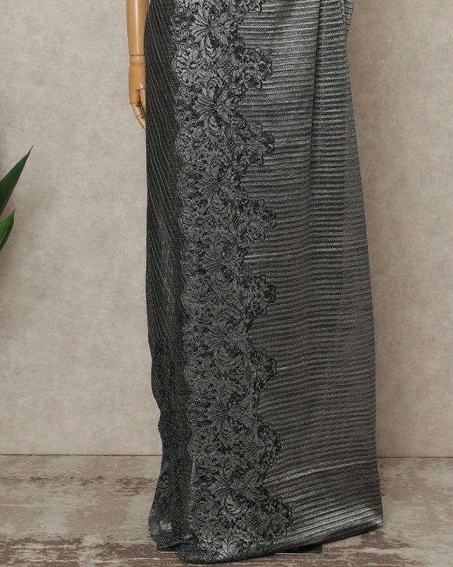 Steel Black Premium French Metallic Chantilly Lace Saree, 5.5 Mtrs Length, 110 Cms Width, Crafted in France-Blouse Not Included-D26689