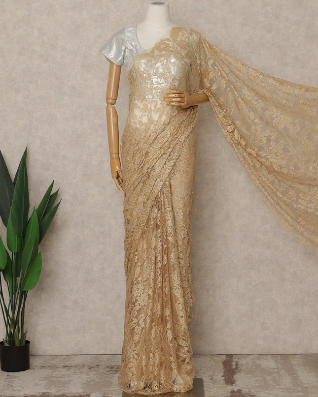 Champagne Beige Premium French Chantilly Saree Lace with Stone Work 5.5 Mtrs Length, Width 110 Cms and Made in France-D27158