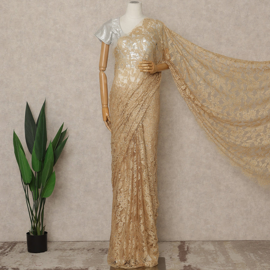Champagne Beige Premium French Chantilly Saree Lace with Stone Work 5.5 Mtrs Length, Width 110 Cms and Made in France-D27158