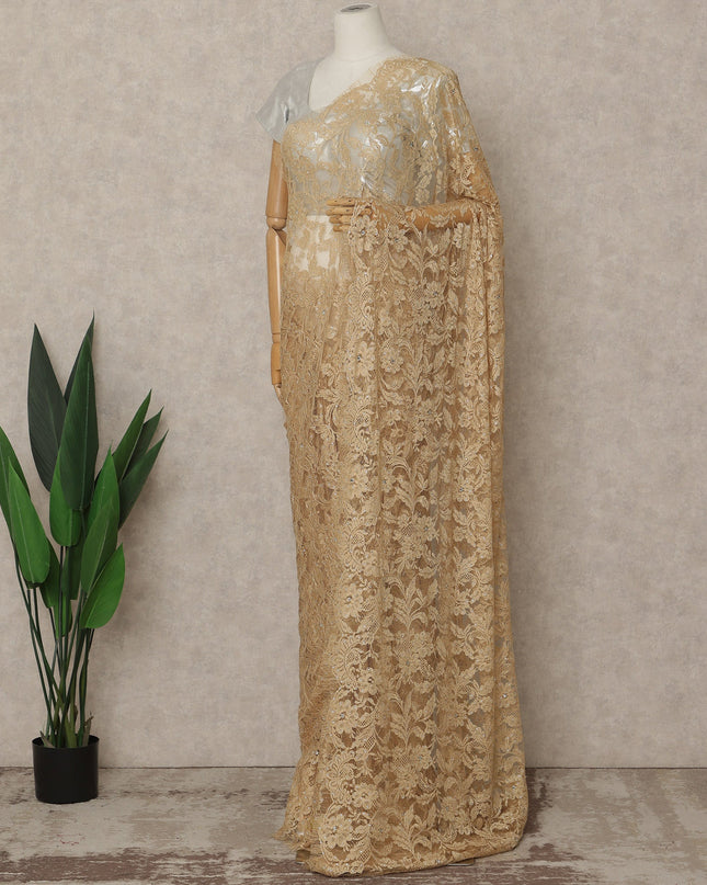 Champagne Beige Premium French Chantilly Saree Lace with Stone Work 5.5 Mtrs Length, Width 110 Cms and Made in France-D27158