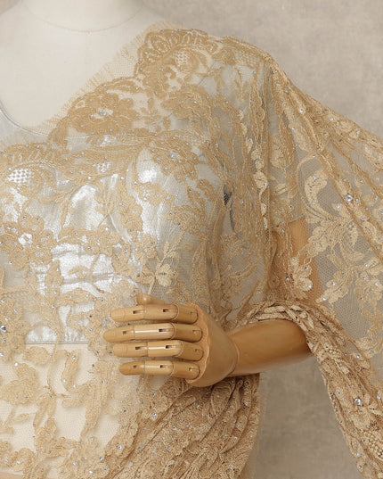 Champagne Beige Premium French Chantilly Saree Lace with Stone Work 5.5 Mtrs Length, Width 110 Cms and Made in France-D27158