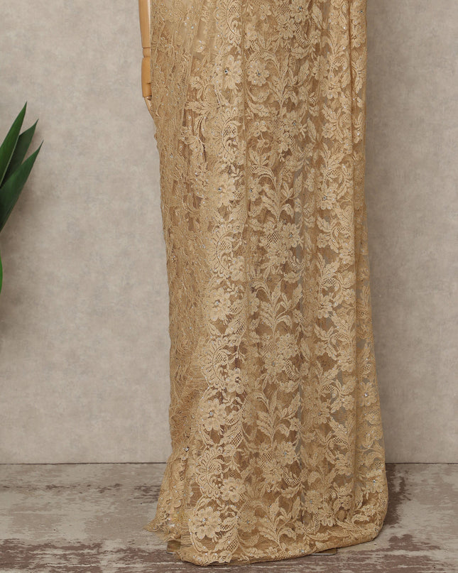 Champagne Beige Premium French Chantilly Saree Lace with Stone Work 5.5 Mtrs Length, Width 110 Cms and Made in France-D27158