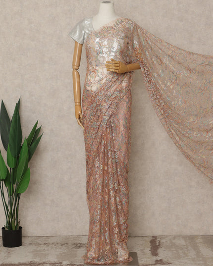 Peach Nude Premium French Chantilly Saree Lace with Stone Work 5.5 Mtrs Length, Width 110 Cms and Made in France-D27161