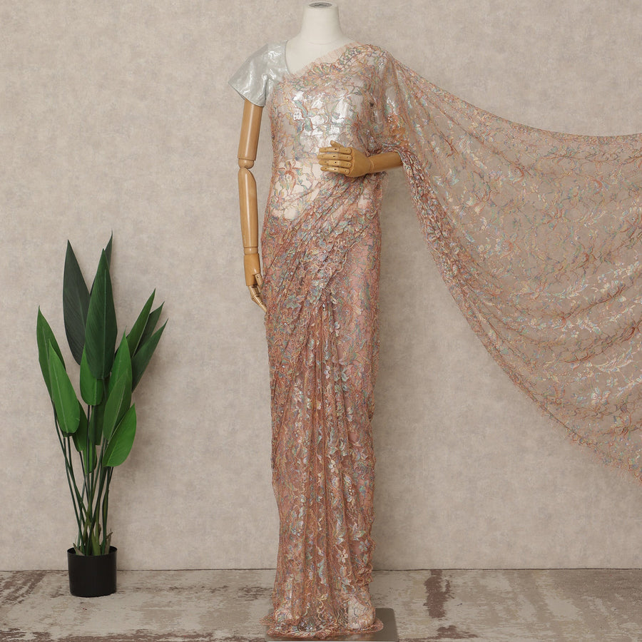 Peach Nude Premium French Chantilly Saree Lace with Stone Work 5.5 Mtrs Length, Width 110 Cms and Made in France-D27161