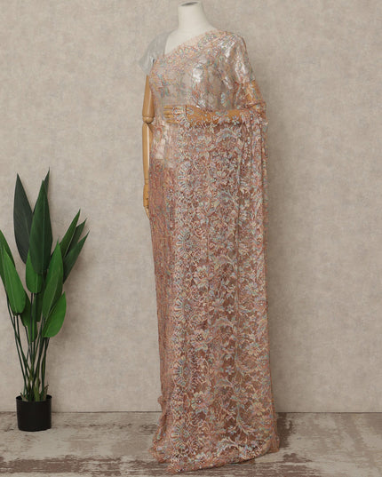 Peach Nude Premium French Chantilly Saree Lace with Stone Work 5.5 Mtrs Length, Width 110 Cms and Made in France-D27161