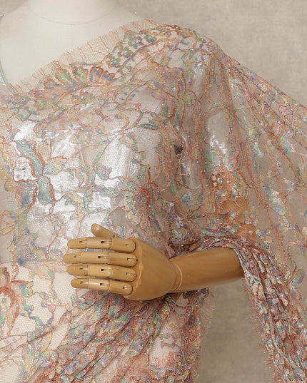 Peach Nude Premium French Chantilly Saree Lace with Stone Work 5.5 Mtrs Length, Width 110 Cms and Made in France-D27161