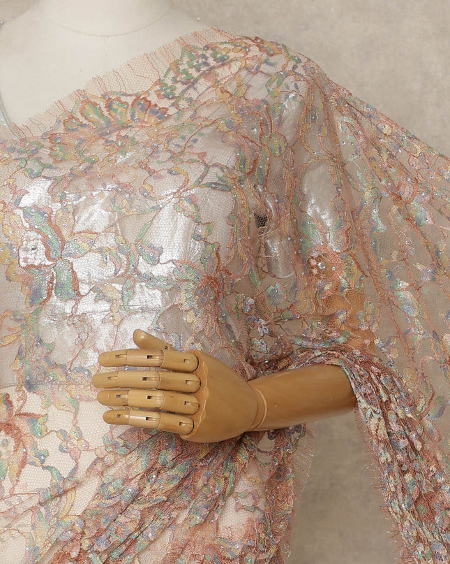 Peach Nude Premium French Chantilly Saree Lace with Stone Work 5.5 Mtrs Length, Width 110 Cms and Made in France-D27161