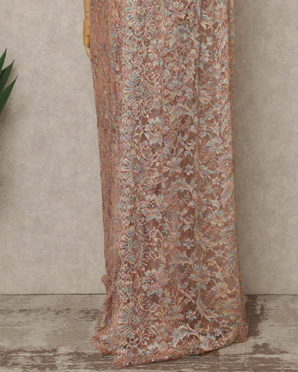Peach Nude Premium French Chantilly Saree Lace with Stone Work 5.5 Mtrs Length, Width 110 Cms and Made in France-D27161