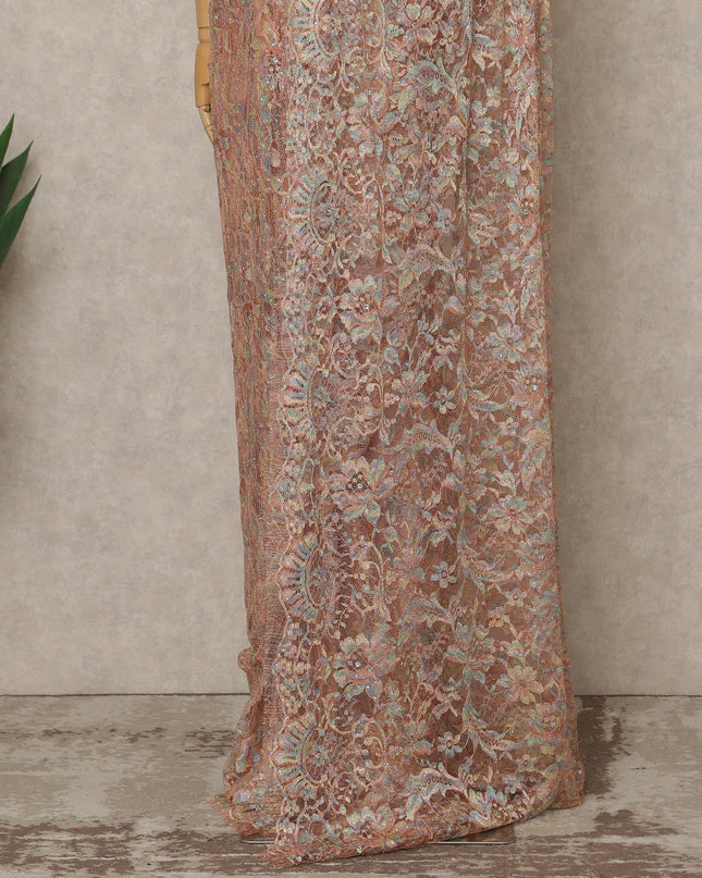Peach Nude Premium French Chantilly Saree Lace with Stone Work 5.5 Mtrs Length, Width 110 Cms and Made in France-D27161