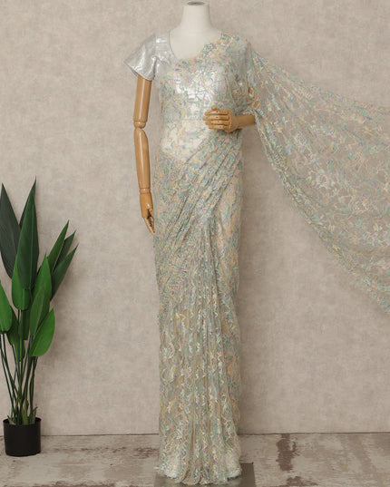 Ice Blue Pastel Premium French Chantilly Saree Lace with Stone Work 5.5 Mtrs Length, Width 110 Cms and Made in France-D27160