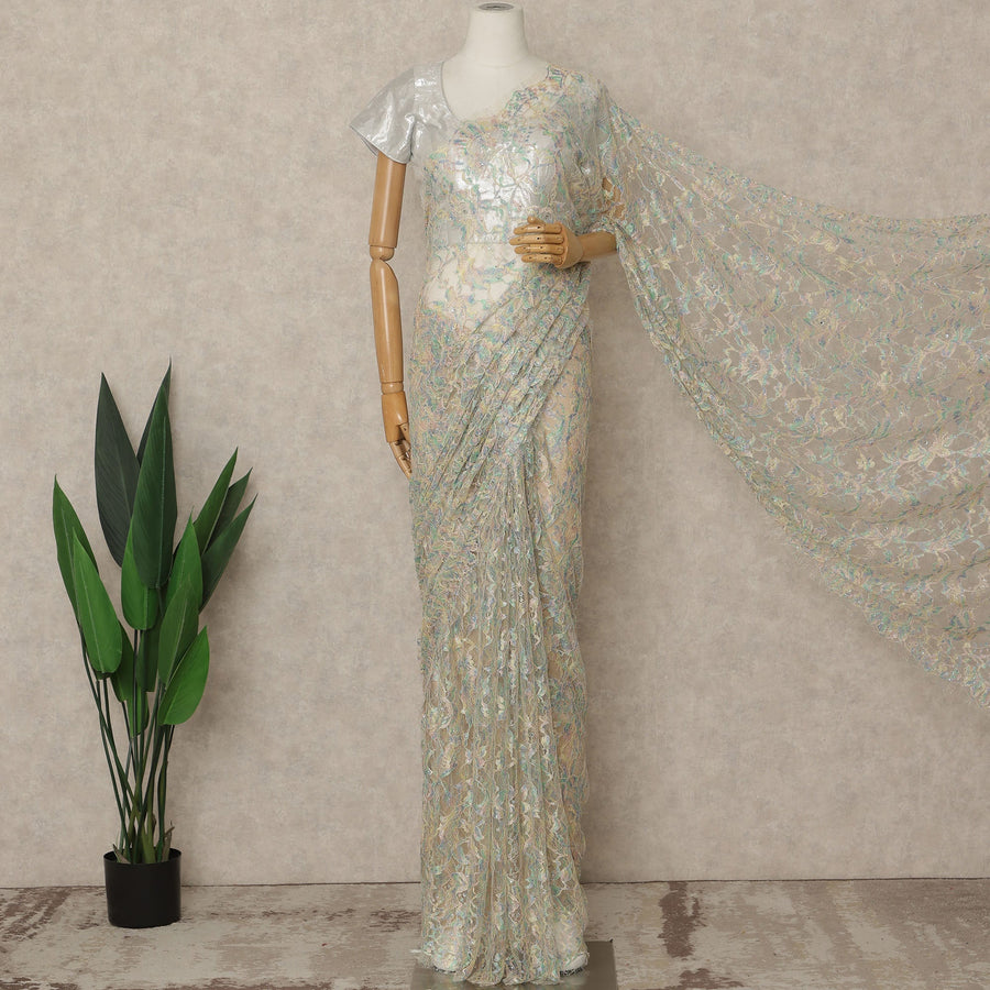 Ice Blue Pastel Premium French Chantilly Saree Lace with Stone Work 5.5 Mtrs Length, Width 110 Cms and Made in France-D27160