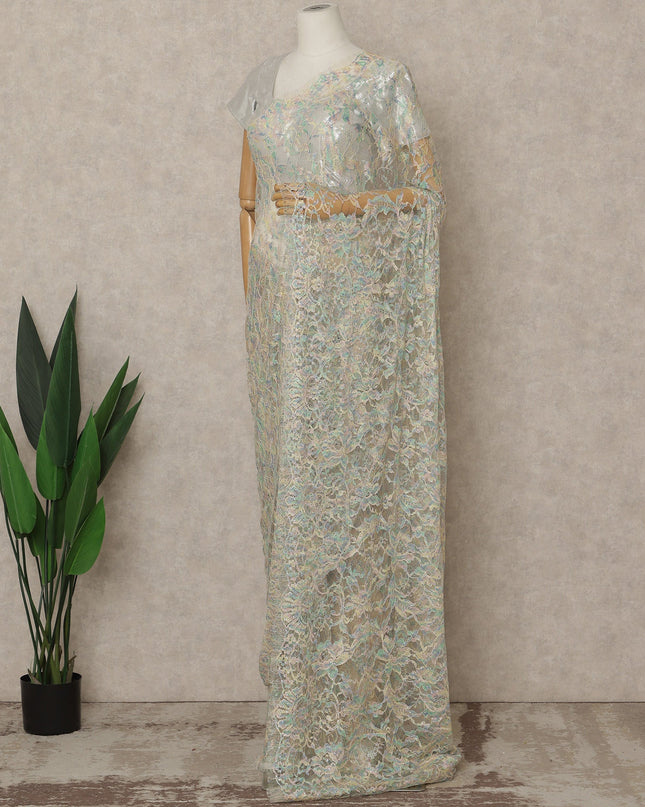 Ice Blue Pastel Premium French Chantilly Saree Lace with Stone Work 5.5 Mtrs Length, Width 110 Cms and Made in France-D27160