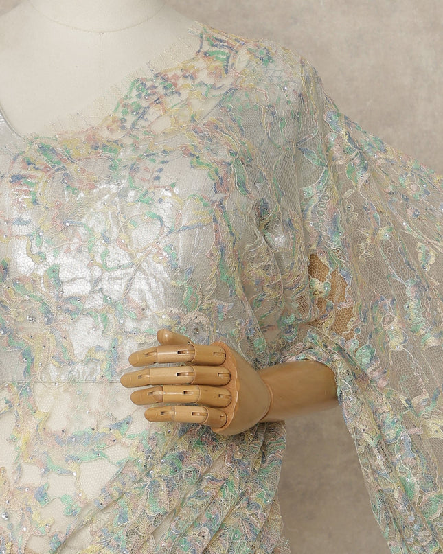 Ice Blue Pastel Premium French Chantilly Saree Lace with Stone Work 5.5 Mtrs Length, Width 110 Cms and Made in France-D27160