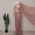 Coral Pink over Turquoise Blue Chantilly Lace Saree - D31617